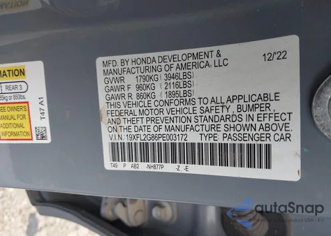 2023 Honda Civic Sport из США, поврежденный, VIN 19XFL2G86PE003172